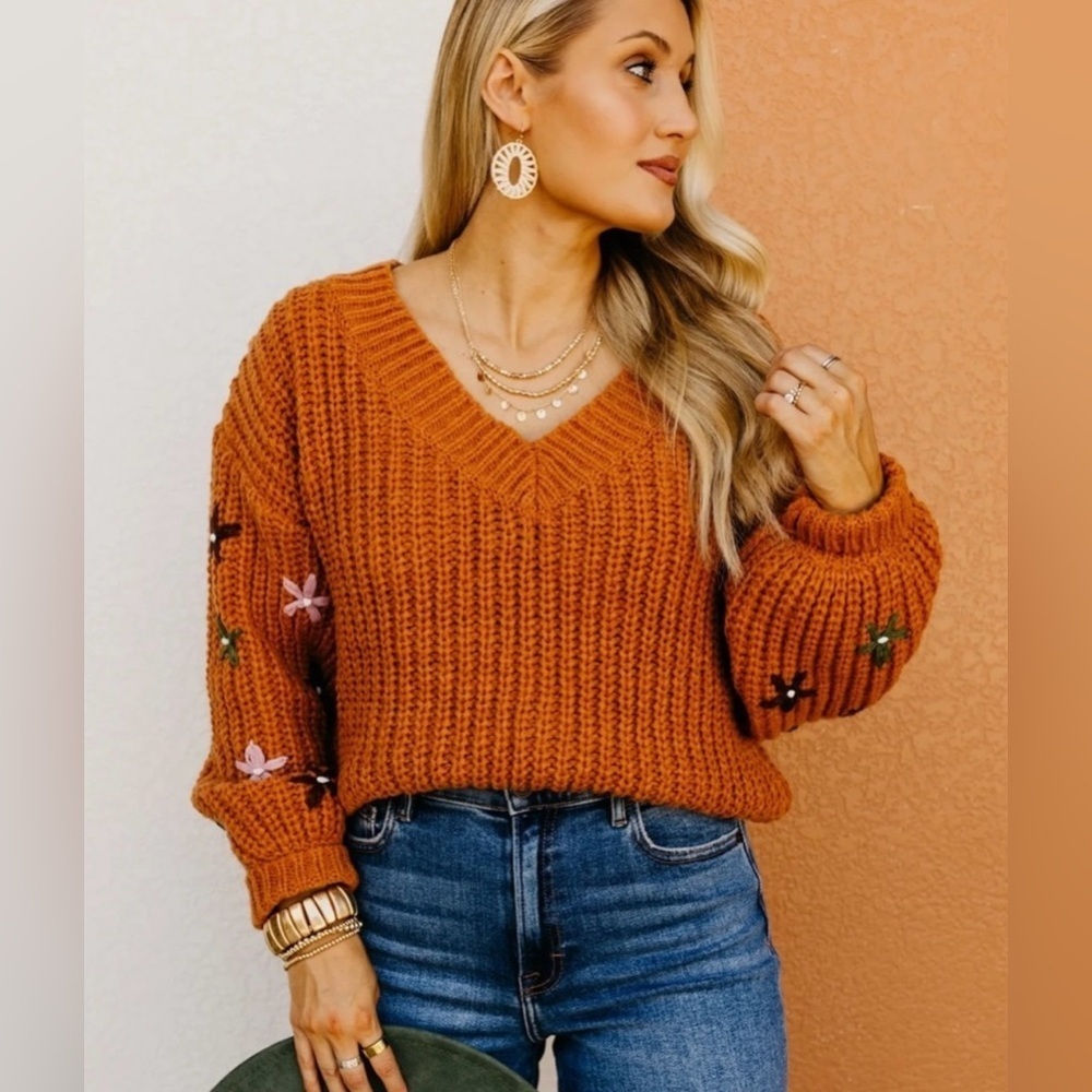 NWT Rust Cable Knit V Neck Floral Embroidered Bubble Sleeve Size Medium - Picture 6 of 16